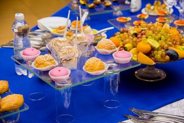 A variety of desserts, fruits and snacks at the Banquet. Buffet table, catering.