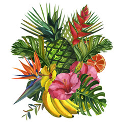 Watercolor flowers frame. with tropical palm leaves, bananas, pineapples, flowers. Seamless pattern