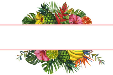 Watercolor flowers frame. with tropical palm leaves, bananas, pineapples, flowers. Seamless pattern