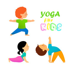 Yoga for kids flat vector illustration. Cute kids in different yoga poses on white background. Children practicing yoga.