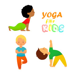Yoga for kids flat vector illustration. Cute kids in different yoga poses on white background. Children practicing yoga.