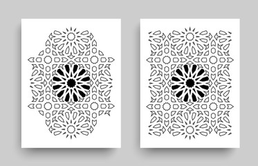Ornamented covers design in black and white colors. Ramadan Kareem, Eid Mubarak greeting cards.