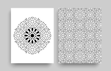 Ornamented covers design in black and white colors. Ramadan Kareem, Eid Mubarak greeting cards.