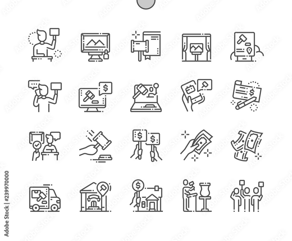 Poster auction well-crafted pixel perfect vector thin line icons 30 2x grid for web graphics and apps. simp