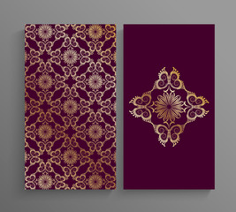 Ornamented covers design in gold and purple colors. Greeting cards for holidays, invitation, money envelopes design, Eid Mubarak, Ramadan Kareem.
