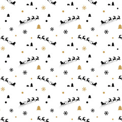 Christmas seamless pattern isolated on white background. Black Santa Claus sleigh silhouette with Christmas trees and snowflakes. 