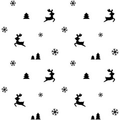 Fototapeta na wymiar Christmas seamless pattern isolated on white background. Snowflakes, Christmas tree, reindeer black silhouette. 