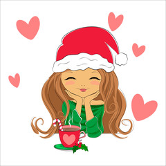 Vector flat Illustration, cute girl in Santa Claus hat with cup of hot drink.Vector girl on white background with hearts. Beautiful romantic girl in cafe. Print design, decoration, greeting card.