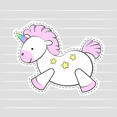 Cute cartoon unicorn isolated on grey background.