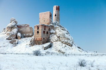 the ruins of the castle in Olsztyn in the winter, Jura Krakowsko Czestochowska region, Poland