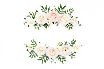 Floral frame wreath of pink ranunculus flower buds and eucalyptus on white background. Flat lay,...