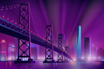 Modern metropolis night cityscape neon colors cartoon vector with skyscrapers on sea, river shore, suspension bridge across bay and projectors rays directed in starry sky illustration. City night life