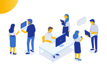 Business meeting. Teamwork. Isomeric business people.  Business Man and woman. Flat vector characters isolated on white background.