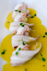 Luxurious dinner of shrimps and fish