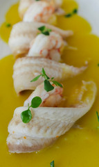 Luxurious dinner of shrimps and fish