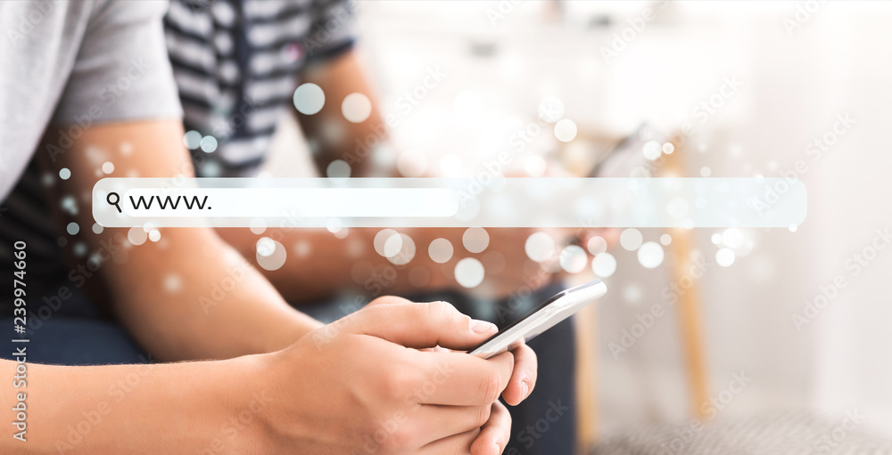 Poster guy browsing online on smartphone with virtual blank search bar