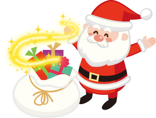 キラキラ光るサンタバッグと笑顔のサンタクロース クリスマスプレゼント ベクターイラスト素材