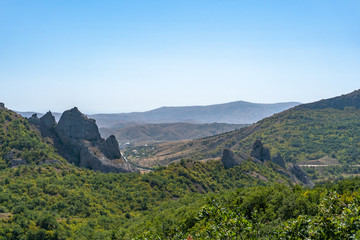 Panoramic view of the picturesque hills in the Crimea, Russia.
