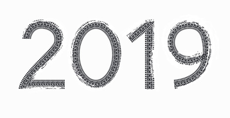 Grunge tire tracks background, 2019 text