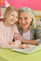 Portrait of girl with grandmother using laptop