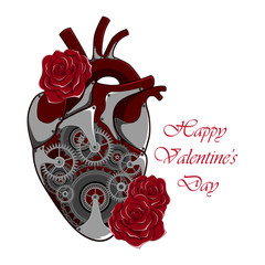 Heart with a mechanism and red roses. Vector image on white background.