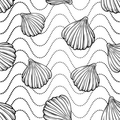 Black and white sea shells on a dotted wavy background. Vector seamless pattern.