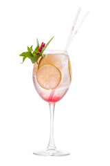 Glass of fresh cocktail on white background