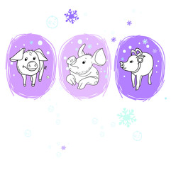 New Year's cheerful pig Set of drawings in vector, new year design, congratulation, postcard, pets, cartoon hero