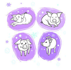 New Year's cheerful pig Set of drawings in vector, new year design, congratulation, postcard, pets, cartoon hero