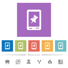 Mobile pin data flat white icons in square backgrounds