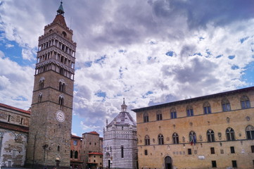 Court Palace, Bell tower of the Cathetdral of San Zeno and Baptistery of Pistoia, Tuscany, Italy