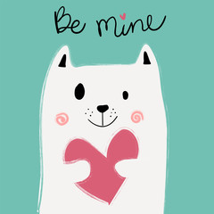 cute white cat holding pink heart on mint background, idea for card