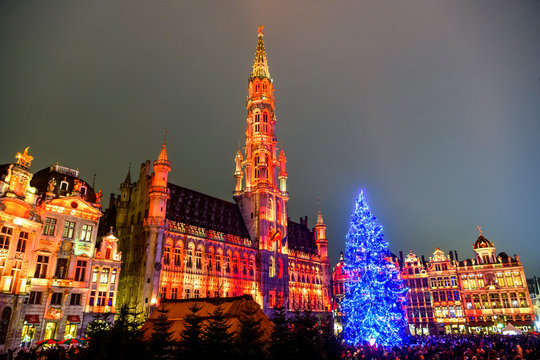 Christmas  lights show on the Grand Place with a huge Christmas tree in BRUSSELS, BELGIUM. 16-12-2018