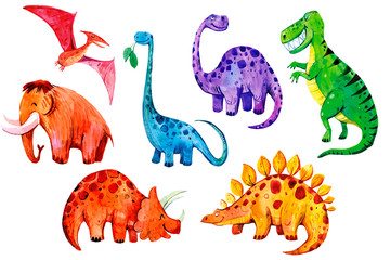 Set of cartoon watercolor dinosaurs. Hand drawn illustration. Great for children's textiles and printing.