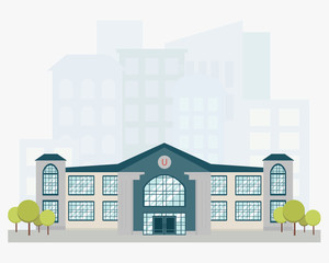 University building with city skyline on background. Modern architecture. Facade with big windows. Vector design
