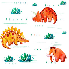 Seamless pattern with cartoon dinosaurus. Hand drawn watercolor illustration