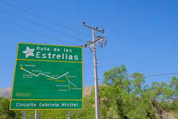 Road sign showing Ruta De Las Estrellas, Route Of The Stars, Elqui valley, Vicuna, IV Region De...