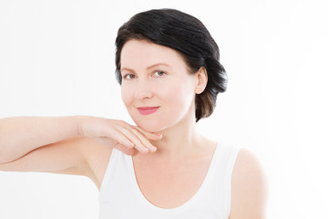 Fototapeta premium Beauty middle age woman face portrait. Spa and anti aging concept Isolated on white background. Plastic surgery and collagen face injections. Wrinkles and menopause. Mock up. Copy space
