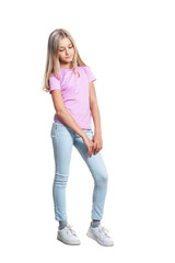 Fototapeta premium Cute girl in casual clothing posing on white background