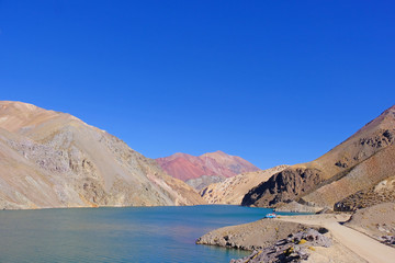 Old german campervan at the Laguna Agua Negra lake to the Paso Agua De Negra, Elqui valley near...