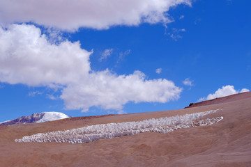 Ice or snow penitentes and andean landscape at Paso De Agua Negra mountain pass, Chile and...