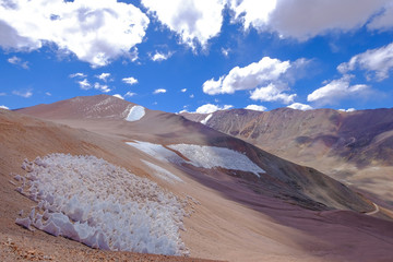 Ice or snow penitentes and andean landscape at Paso De Agua Negra mountain pass, Chile and...