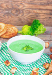 Bowl of cream of broccoli soup. Concept of healthy eating or vegetarian food