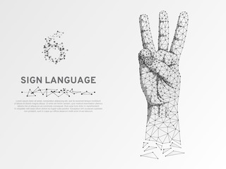 Origami style Sign language number six gesture, hand with three fingers pointing up. Polygonal low poly. Deaf People silent communication alphabet. Connection wireframe. Vector 6 on white background