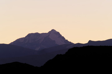 Aconcagua, highest mountain in the Americas, layers of the andean precordillera, view from Uspallata, Mendoza, Argentina