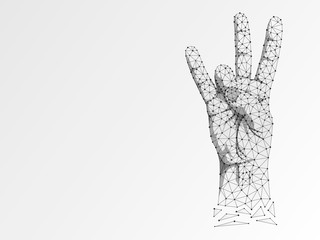 Origami style Sign language number seven gesture, hand with three fingers pointing up. Polygonal low poly. Deaf People silent communication alphabet. Connection wireframe. Raster 7 on white background