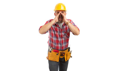 Constructor with hands around mouth for shouting.