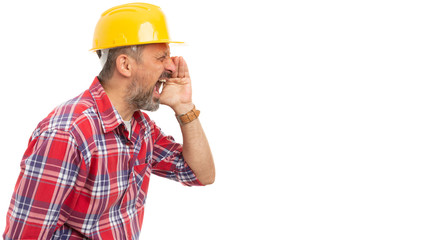Close-up of constructor yelling.