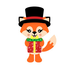 cartoon cute  fox vector with hat and christmas present