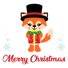 cartoon cute  fox vector with hat and christmas present and christmas text